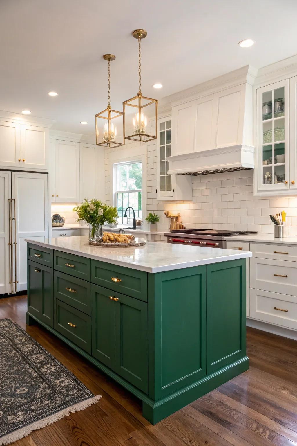 A kitchen with an elegant emerald green island that stands out against white cabinets.
