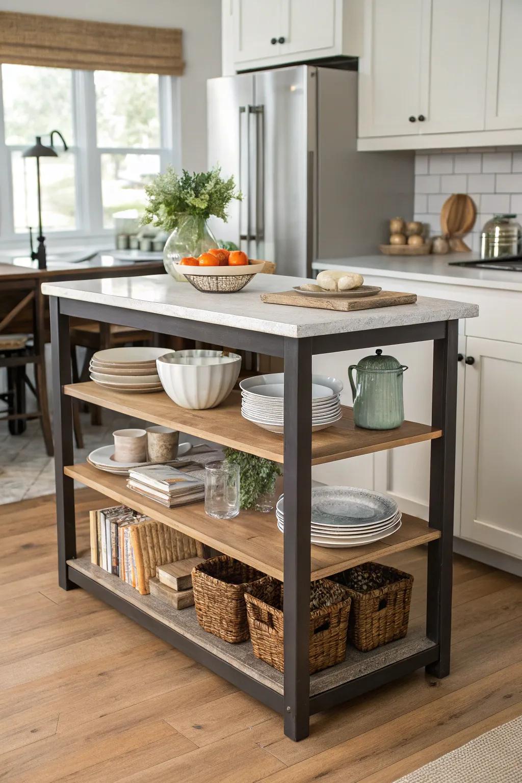 Open shelving adds functionality and style to a kitchen island.