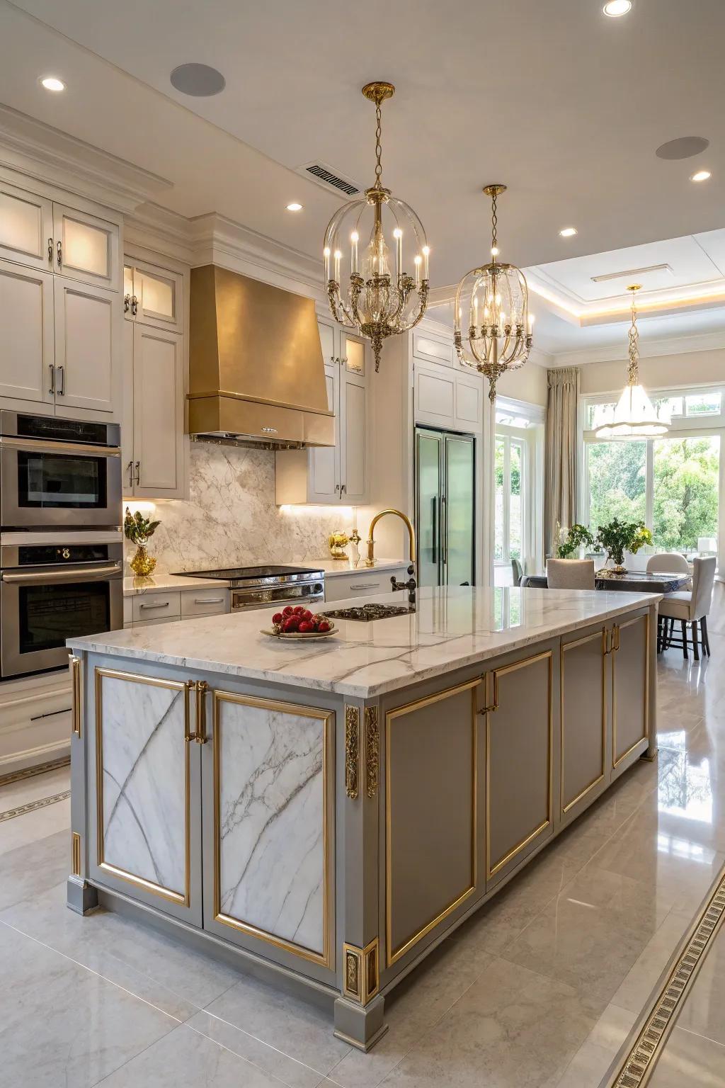 Glamorous island with metallic accents for a sophisticated touch.