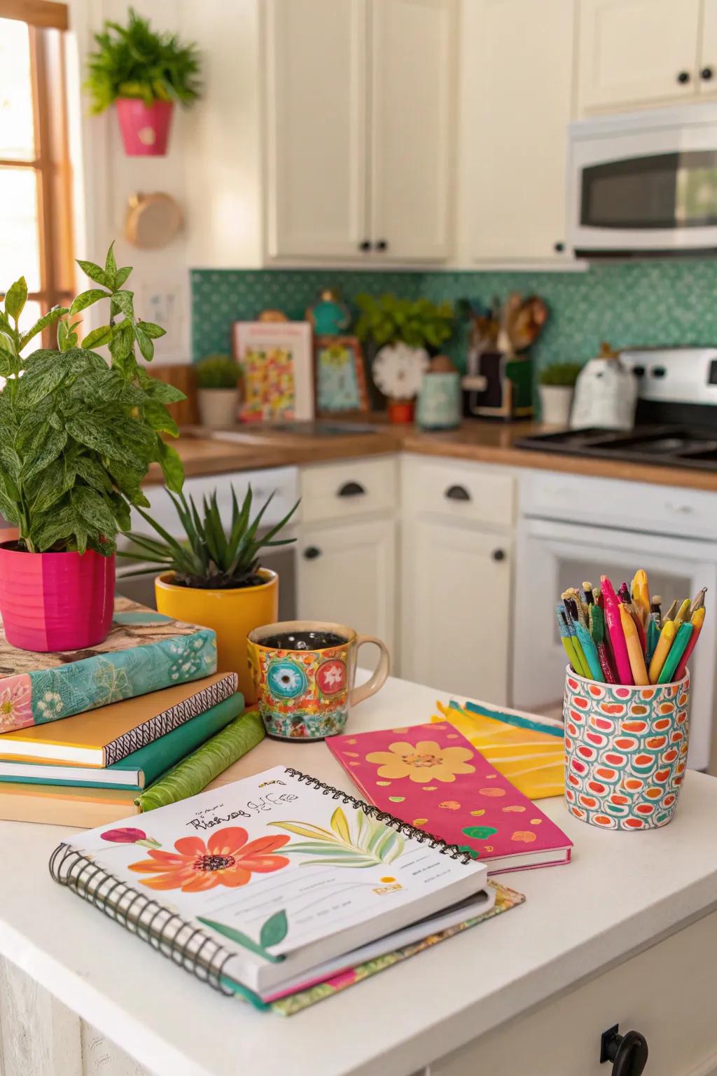 A splash of color can transform a kitchen office into a lively workspace.