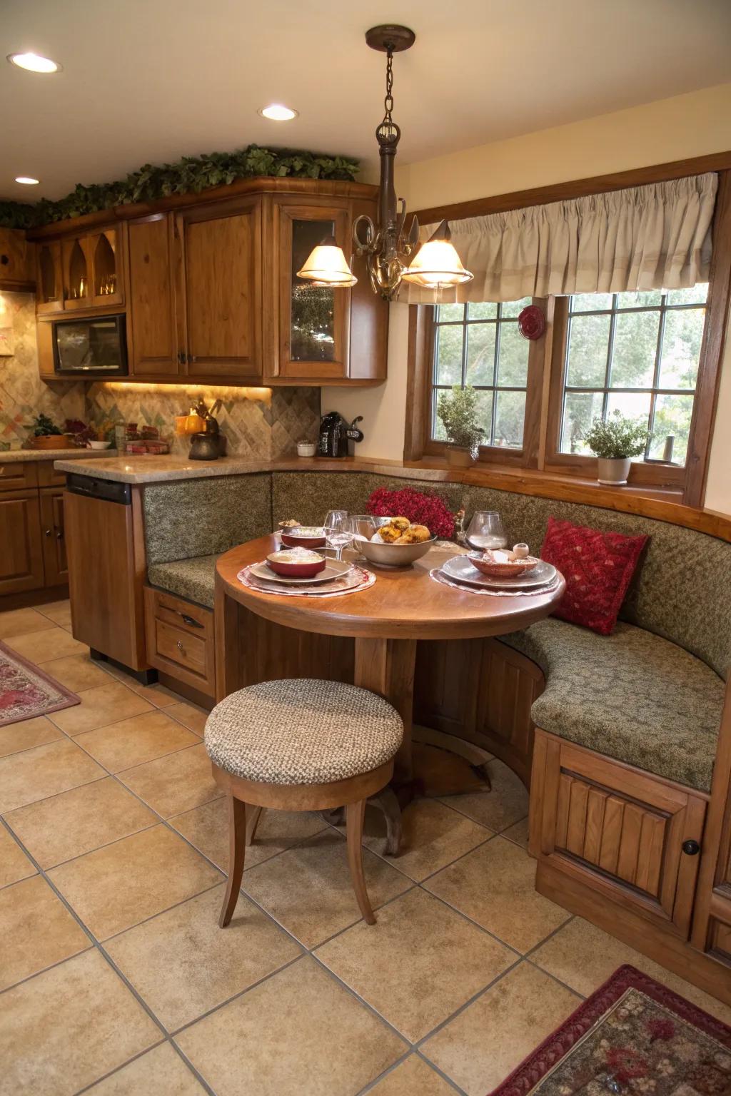 Circular booths offer a cozy, retro dining experience.