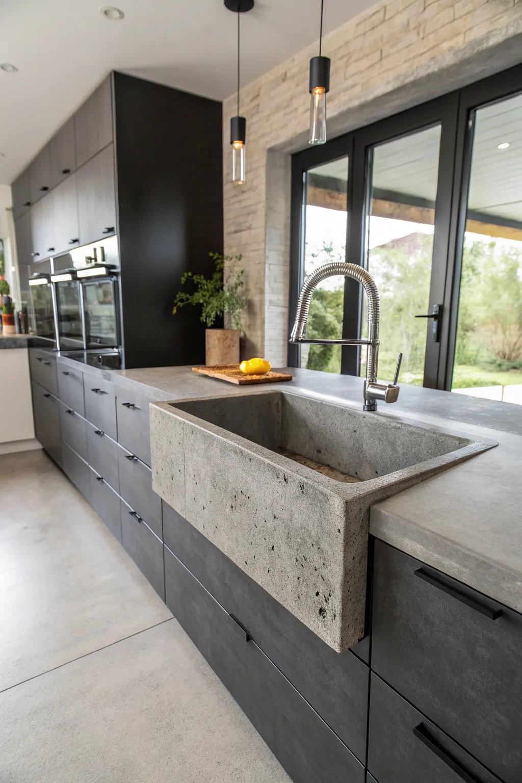An urban kitchen featuring a robust concrete sink.