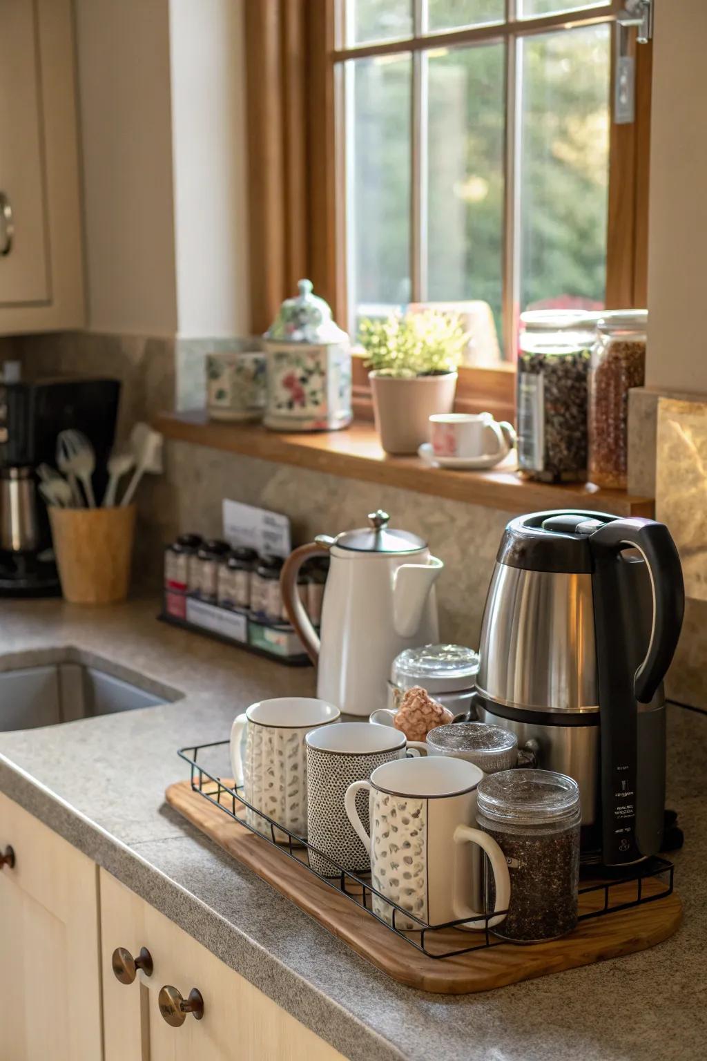 A designated coffee or tea station adds elegance and utility to the cooking space.