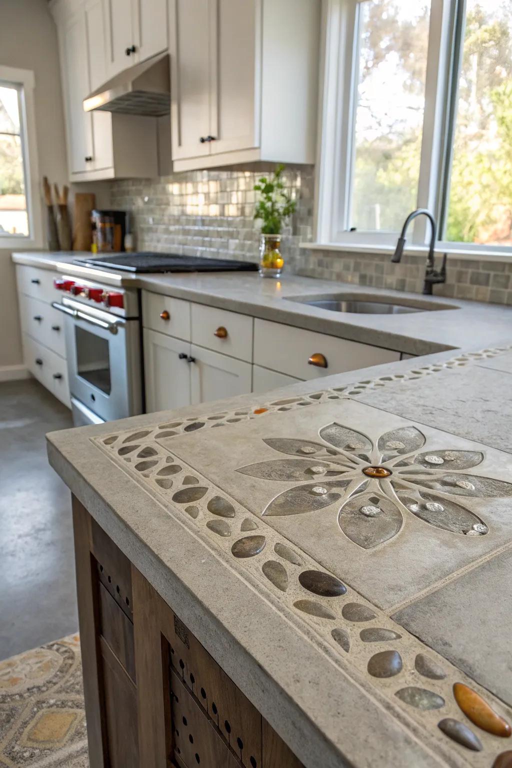 A kitchen with concrete countertops accented by unique stone inlays.