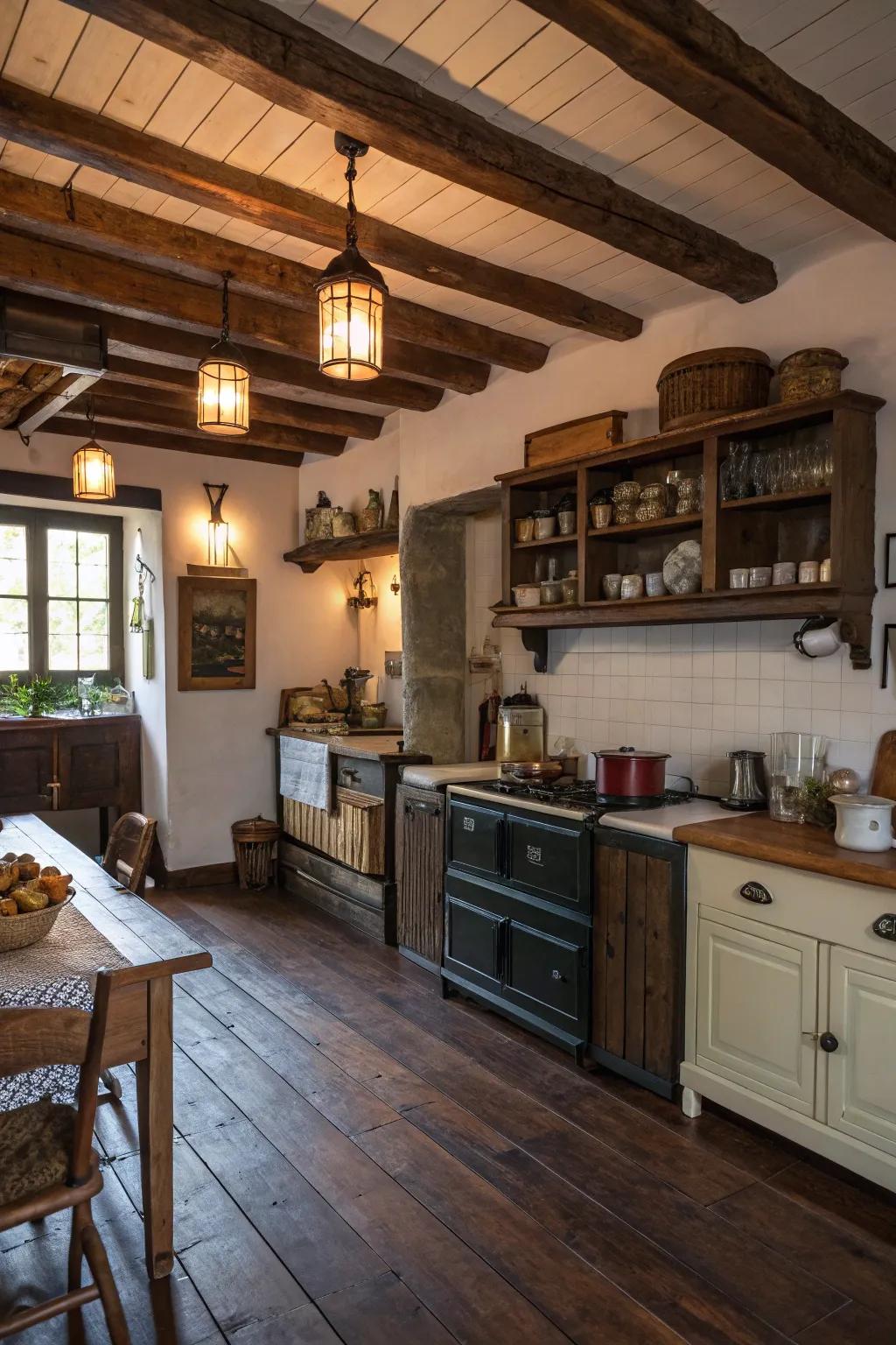 Vintage accents add rustic charm to this kitchen with dark floors.