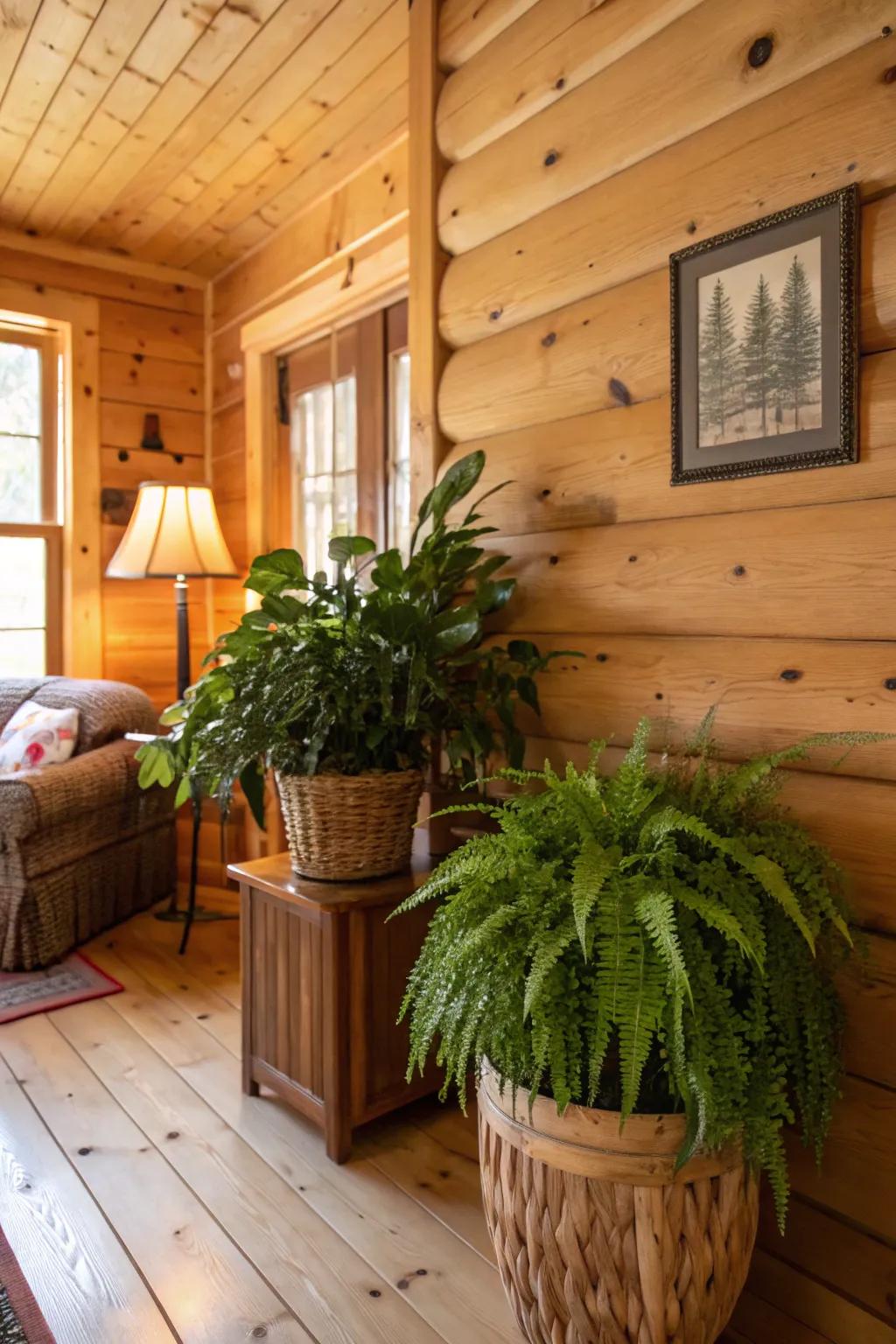 Indoor plants adding life and greenery to the cabin.