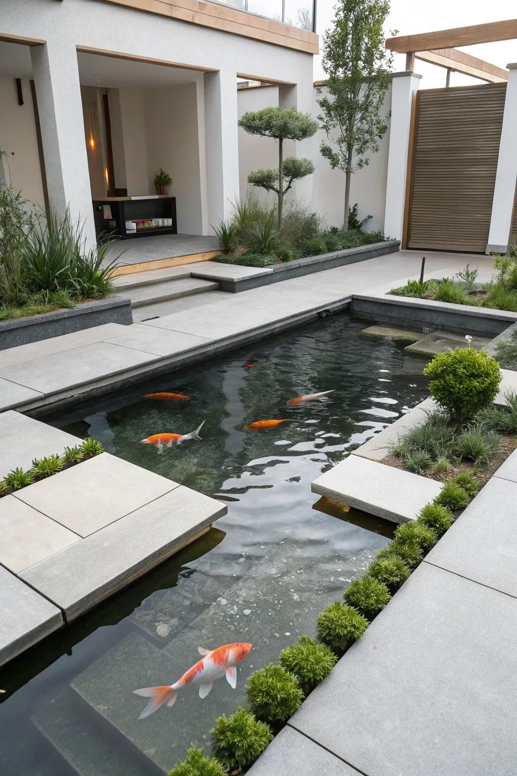 Concrete and geometry craft a modern aesthetic for koi ponds.
