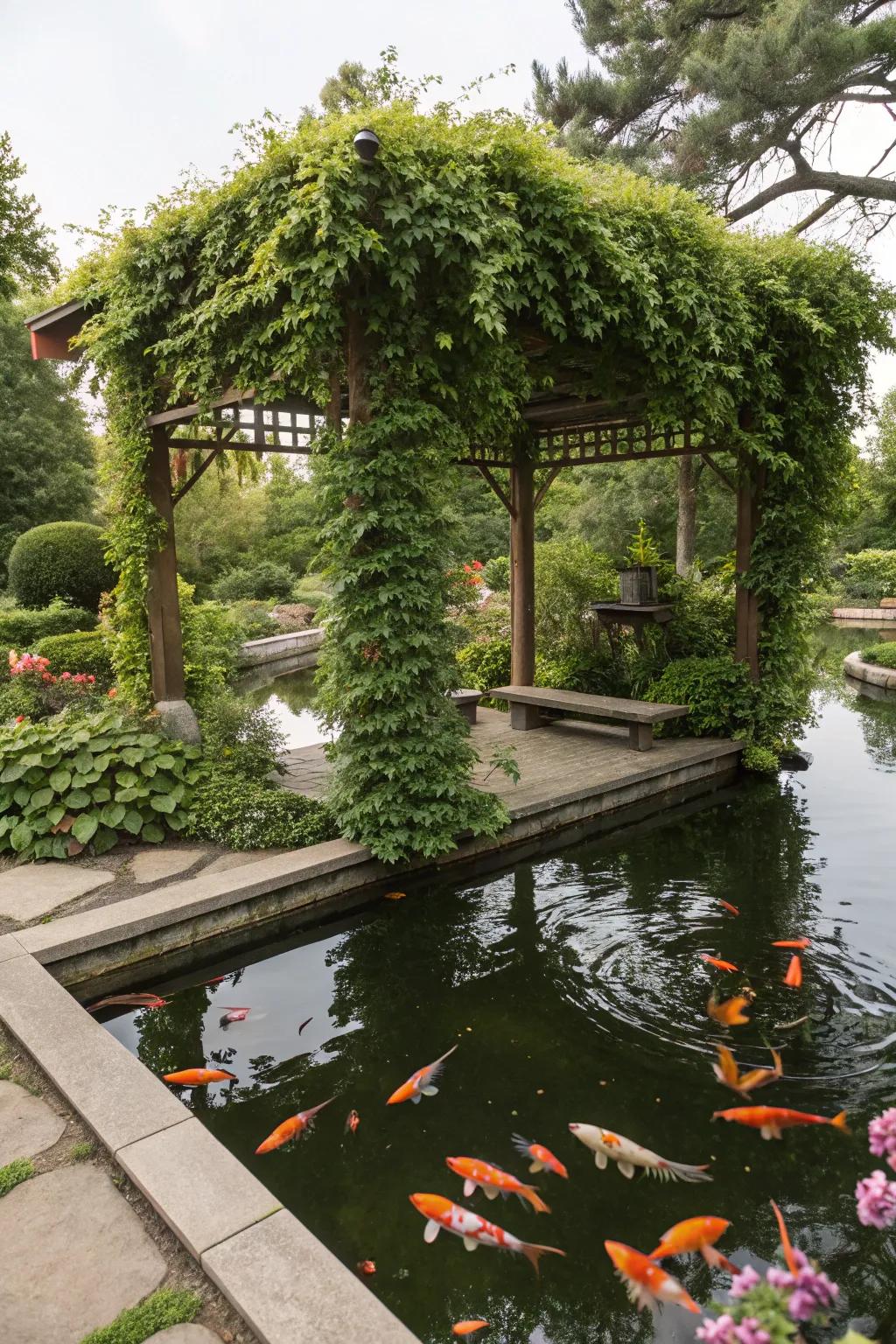 A koi pond graced by an arbor draped with abundant climbing vines.