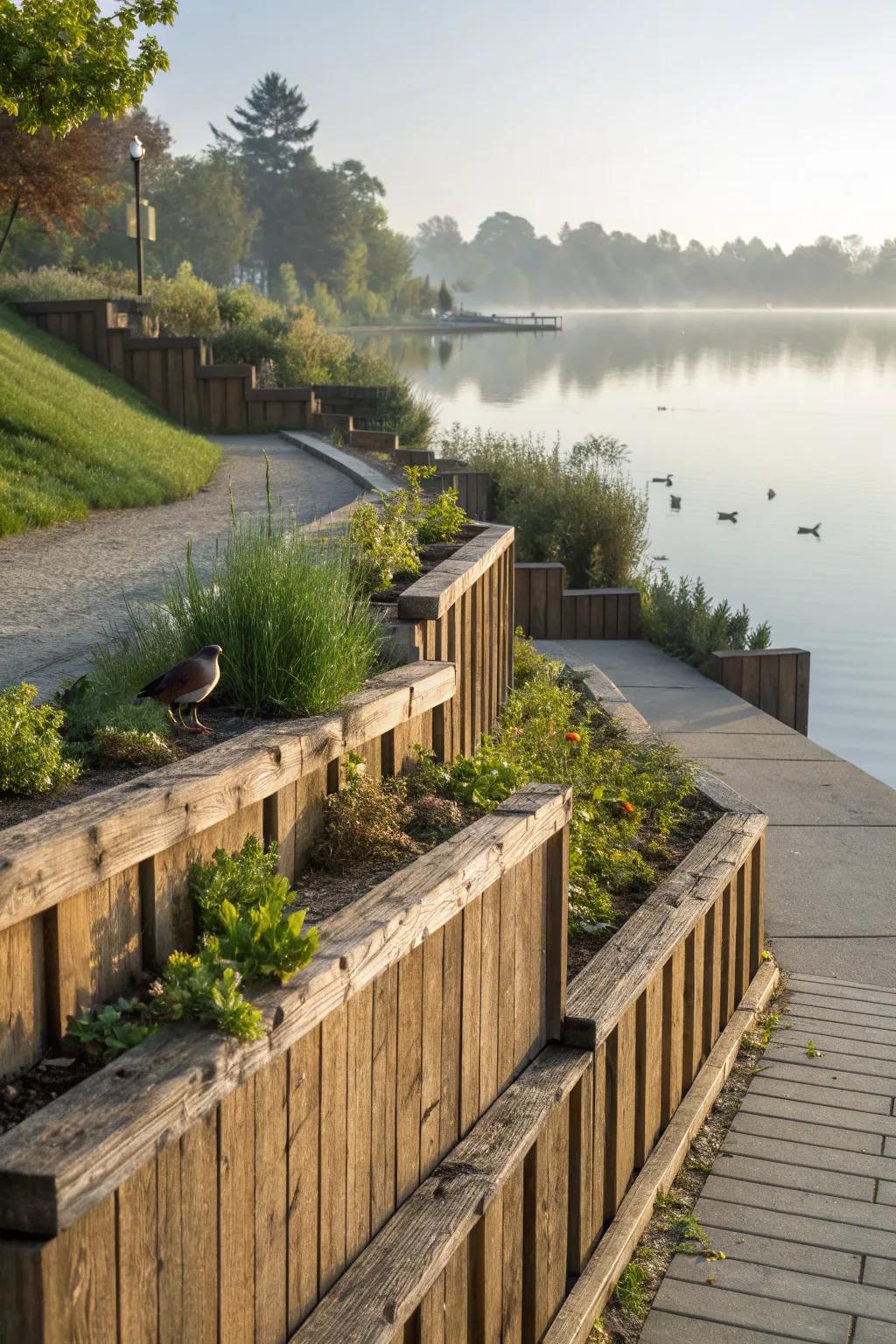 Embrace nature's design with a crafted lakefront retaining wall that nurtures wildlife.