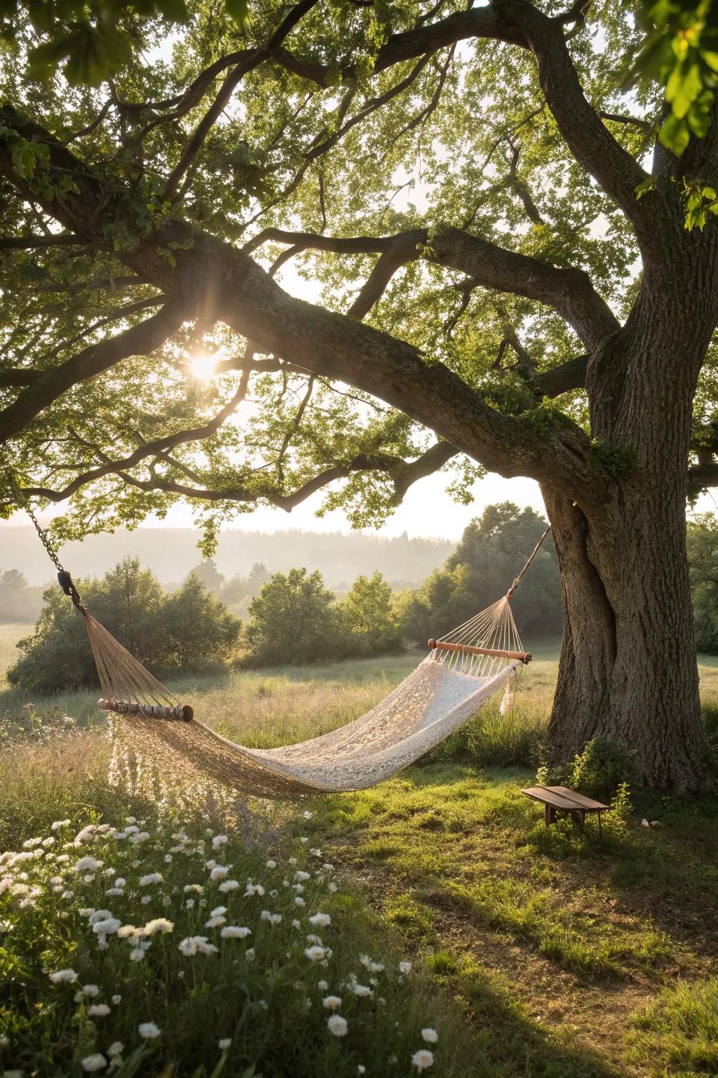 A tranquil nook beneath a tree is ideal for relaxation and contemplation.