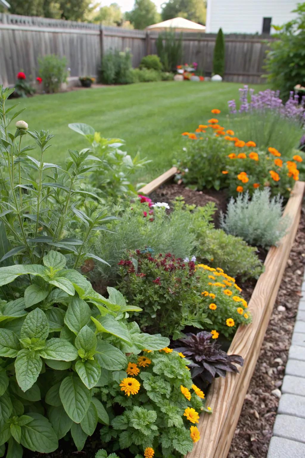 A garden bed blending edible plants with traditional blooms.
