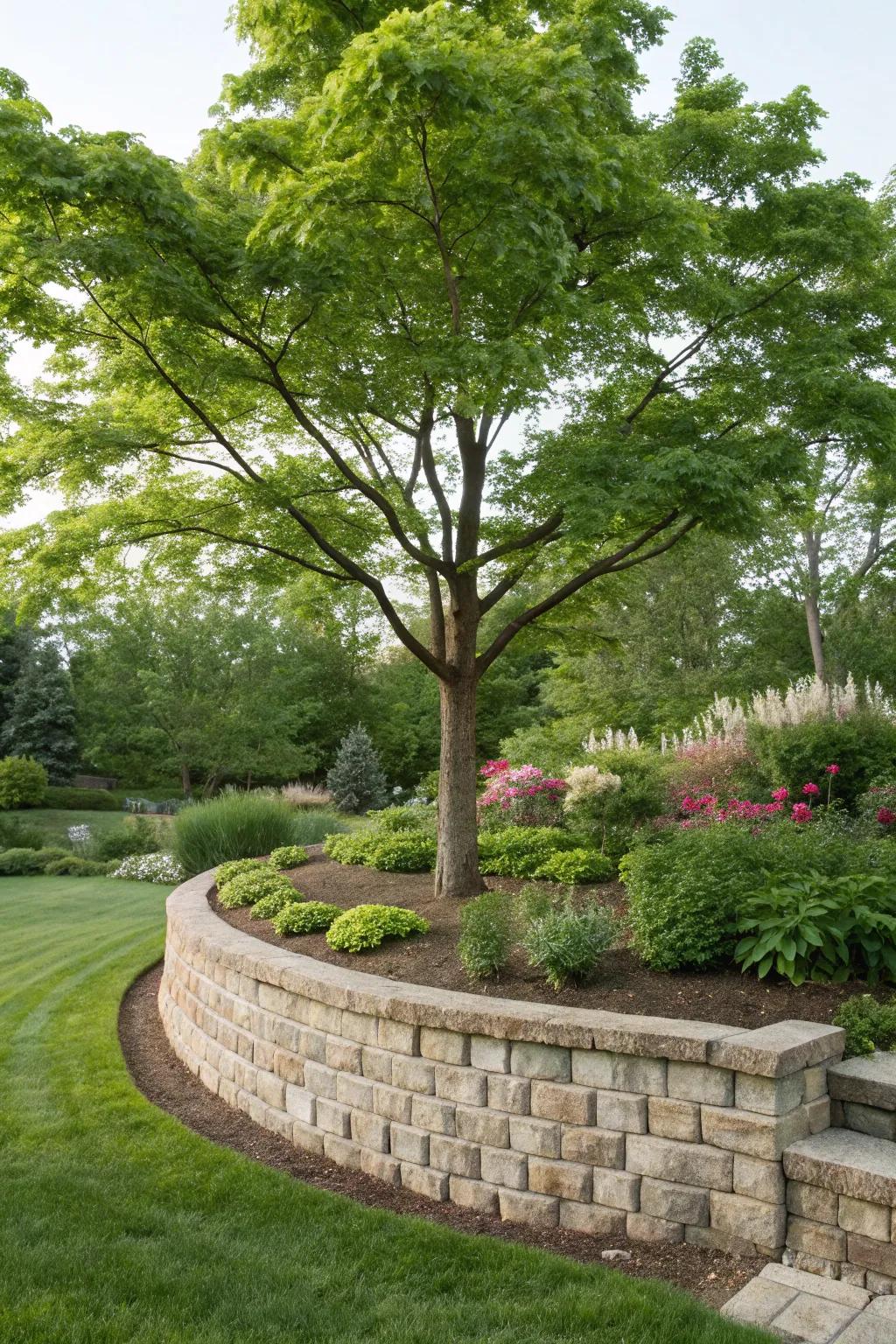 A tree accented by a retaining wall, adding structure and style.