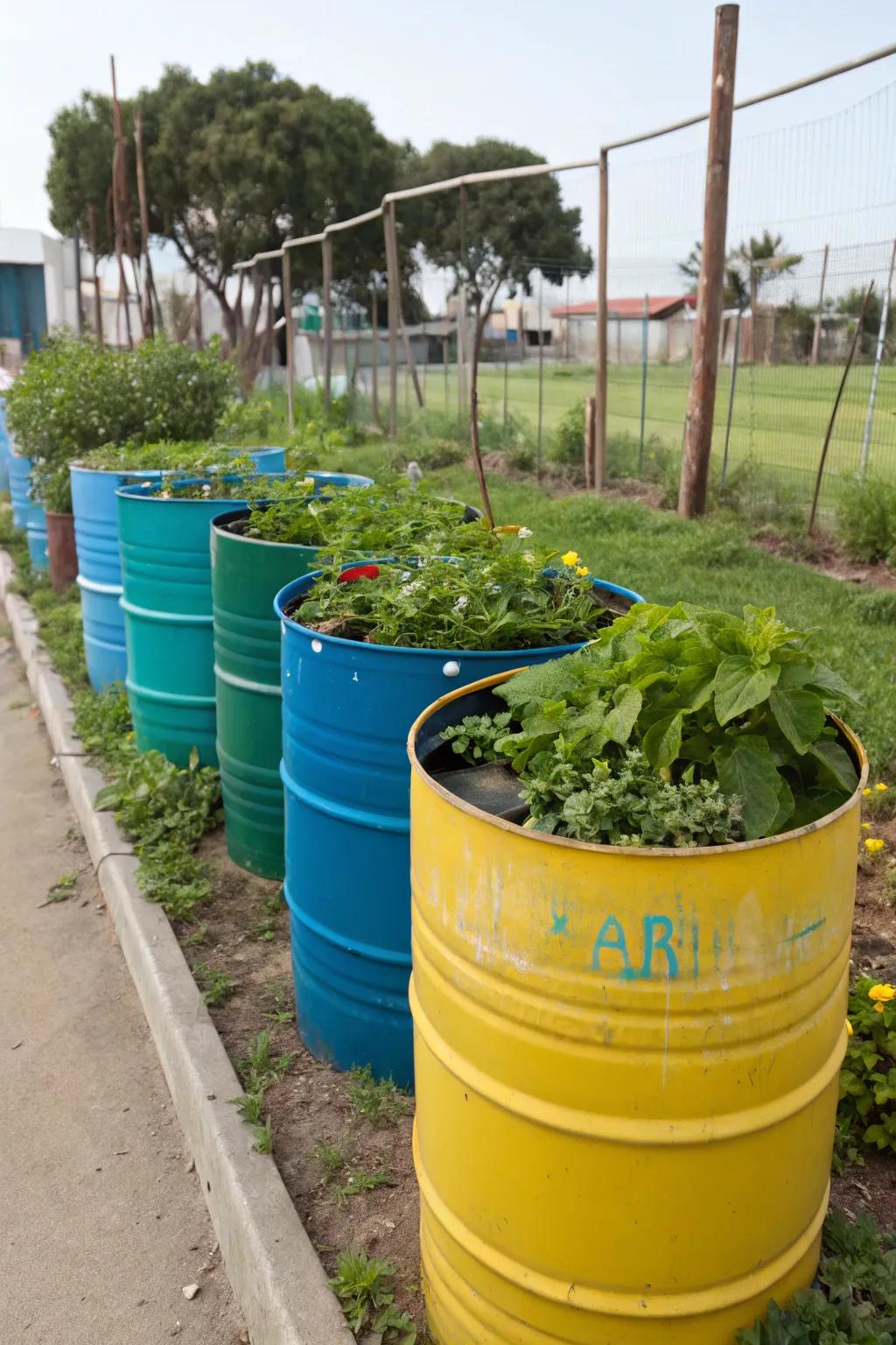 Revamped plastic canisters are a useful, vibrant option for elevated gardens.