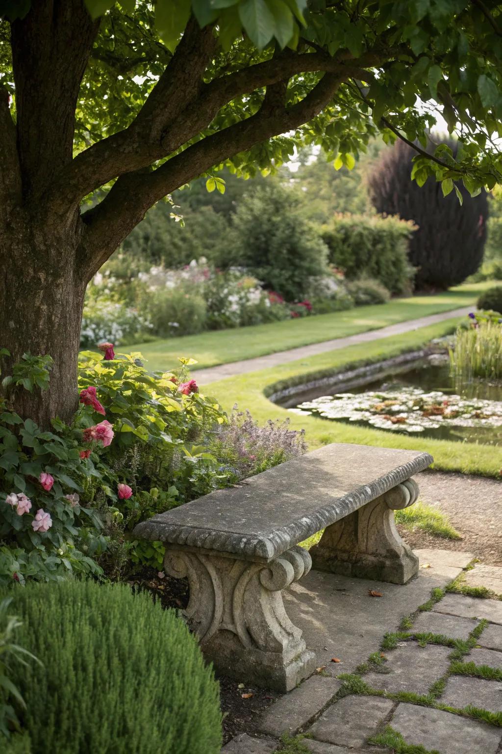 Stone benches combine style and function for garden relaxation.