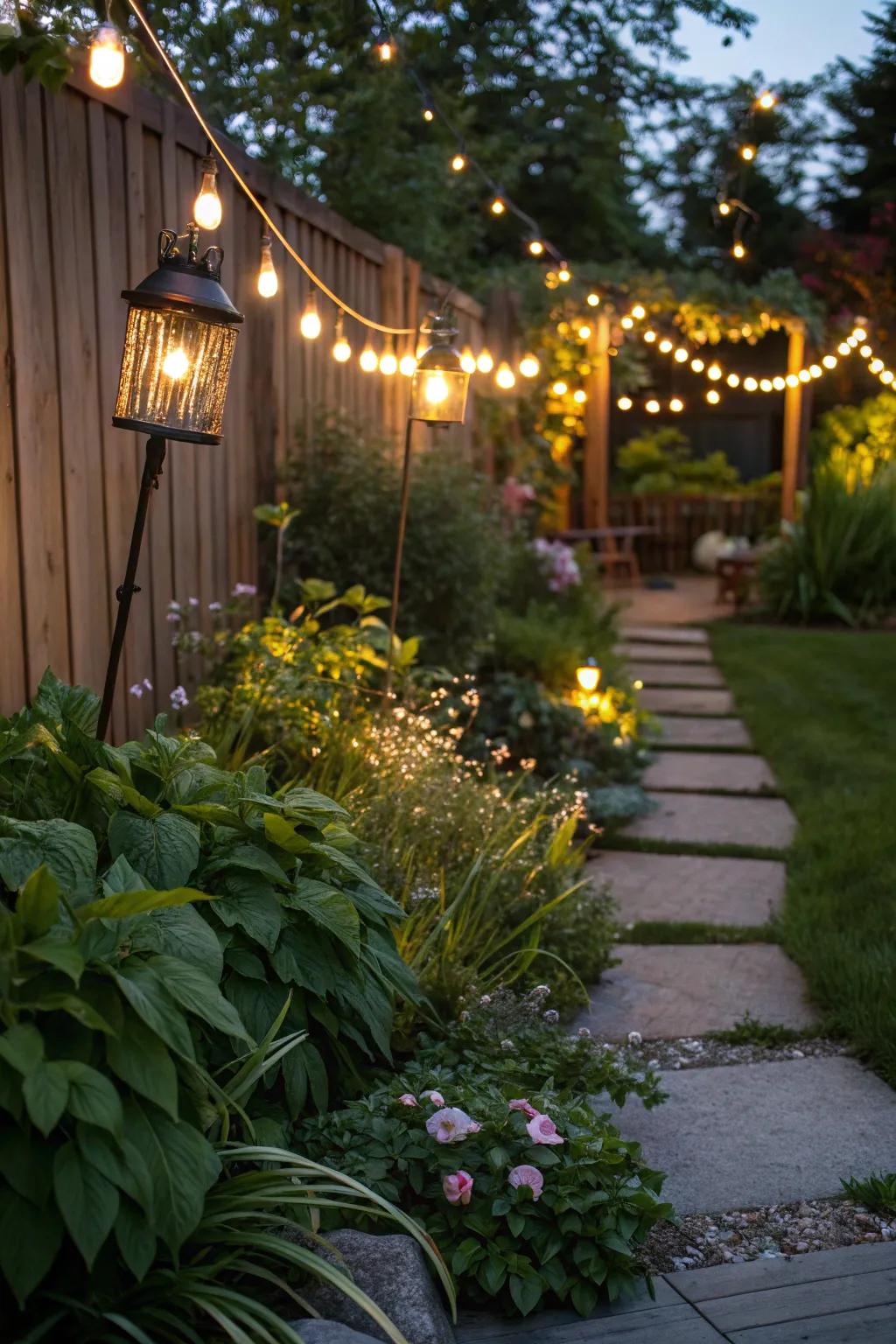 Garden lighting creates a magical evening ambiance.