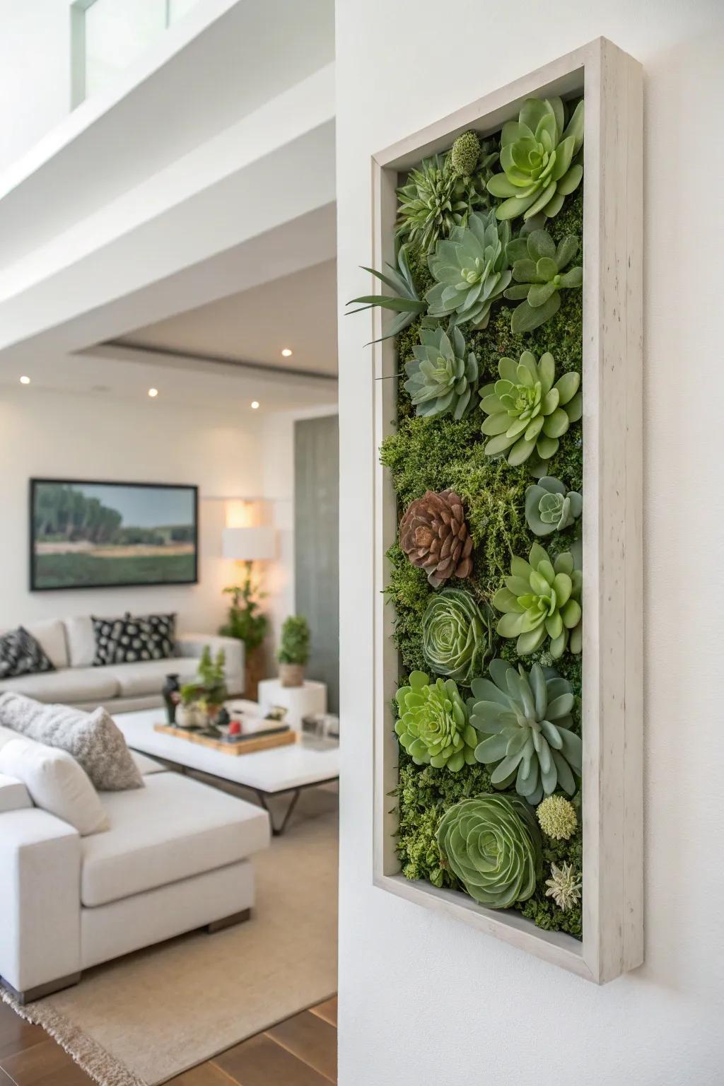 A vertical succulent garden serving as living wall art.