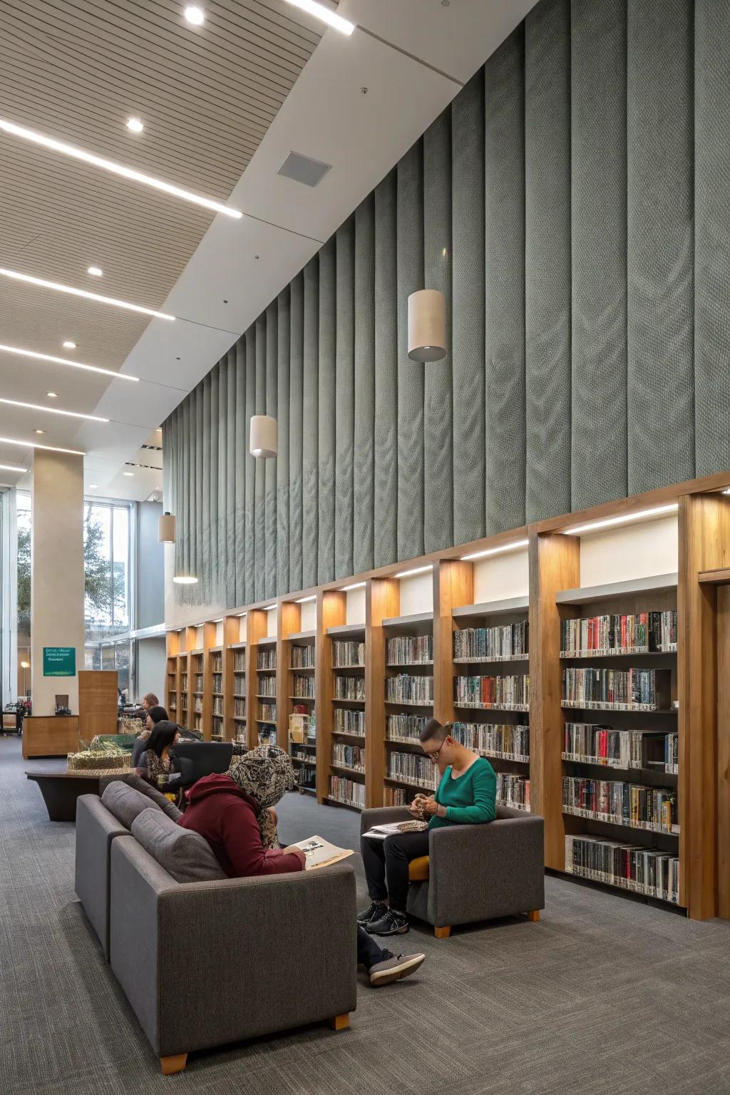 A peaceful library equipped with acoustic solutions that encourage quiet reading.
