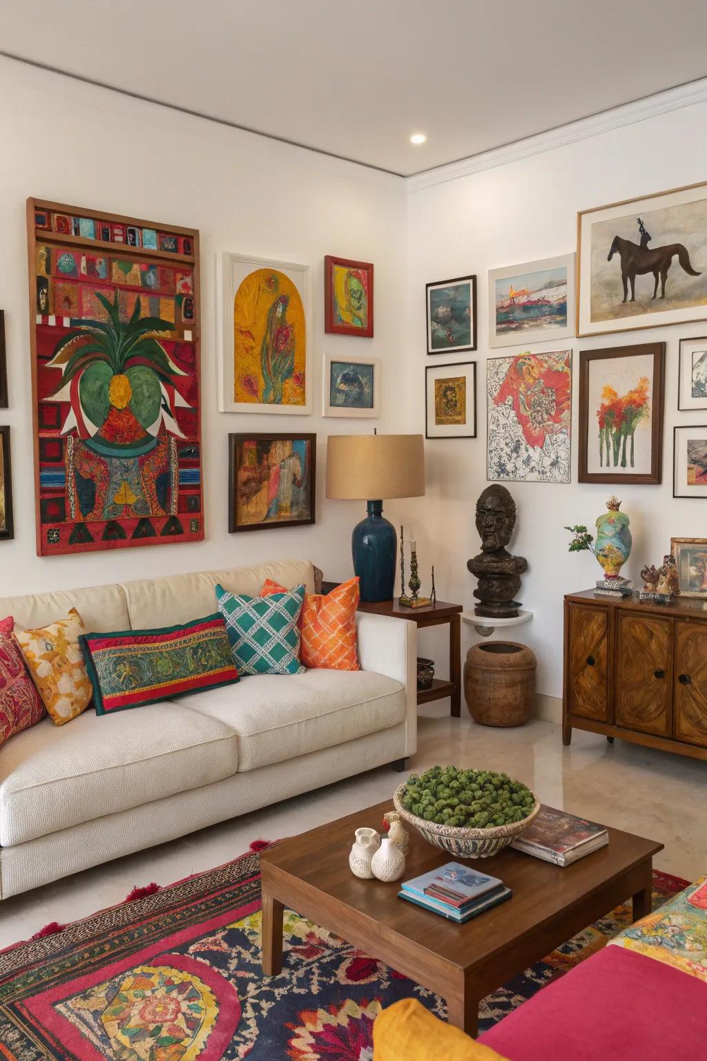 Art pieces inject vibrant personality into this living room.