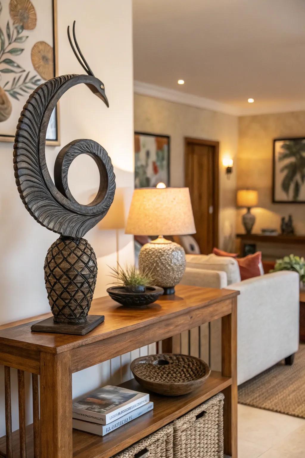 A sculpture can serve as a captivating focal point in a corner.