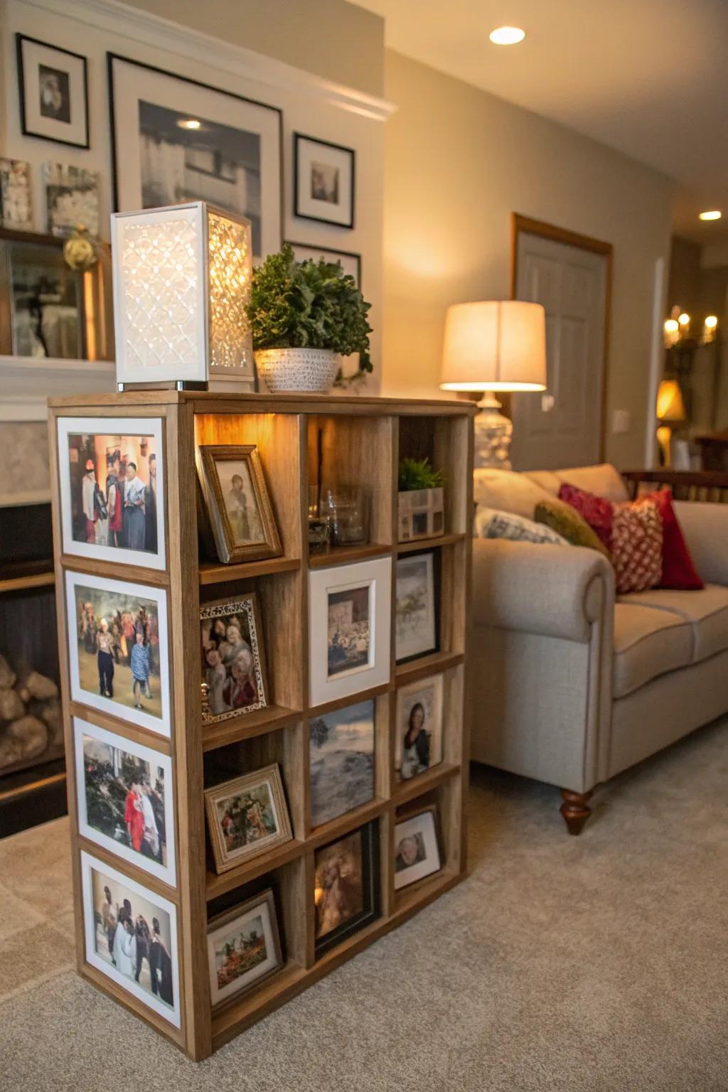 A family archive exhibit uses modular shelving for a personal emphasis.