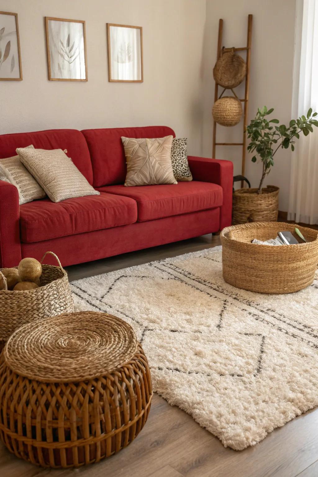 Textural elements introduce dimension and intrigue, balancing the sleek appearance of a red sofa.