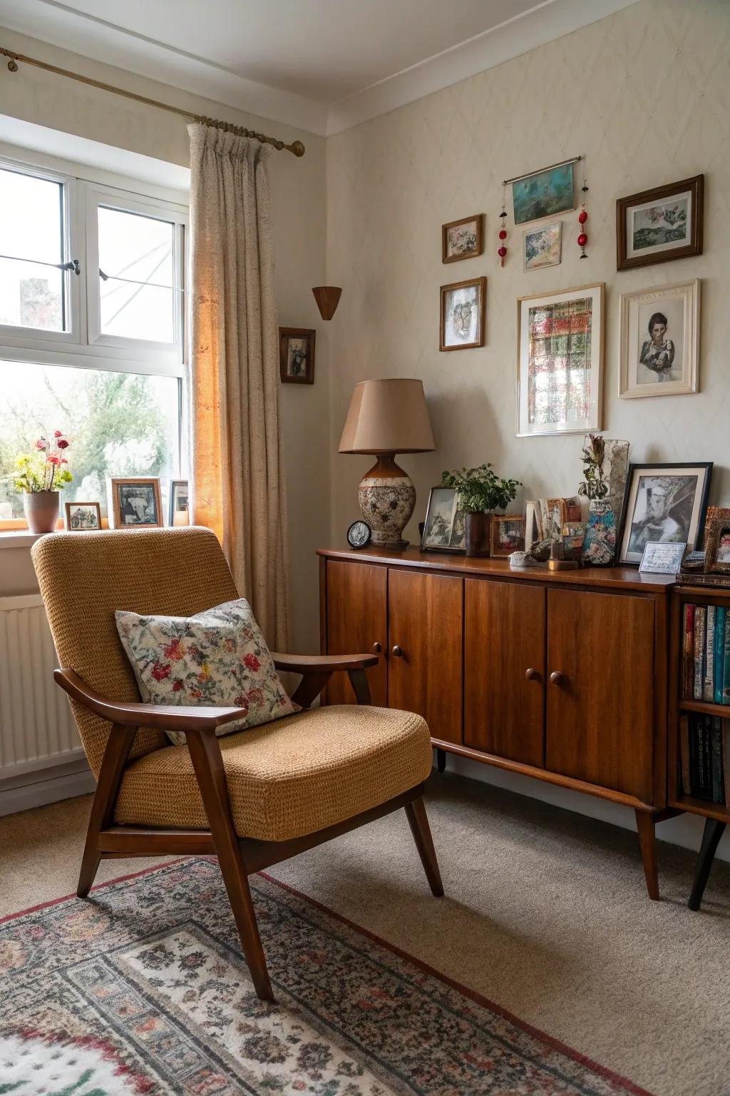 Past era furniture incorporates a sentimental touch to a contemporary living space.