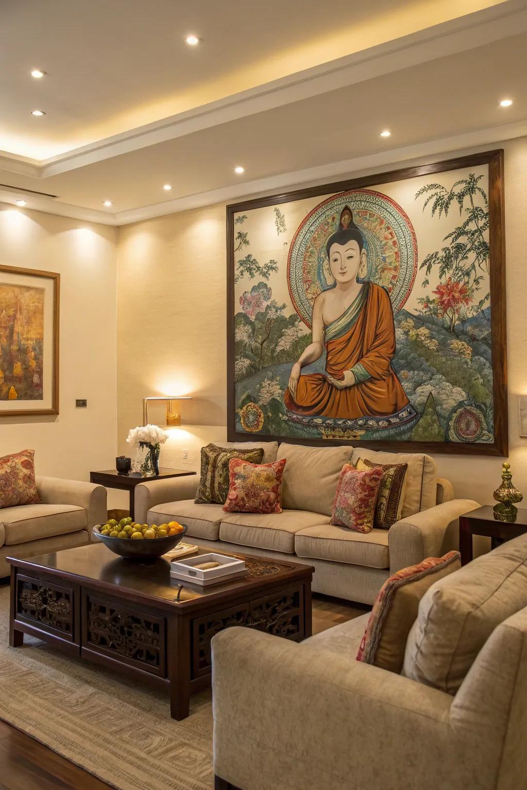 A living room enhanced by a distinctive art piece serving as the focal feature.