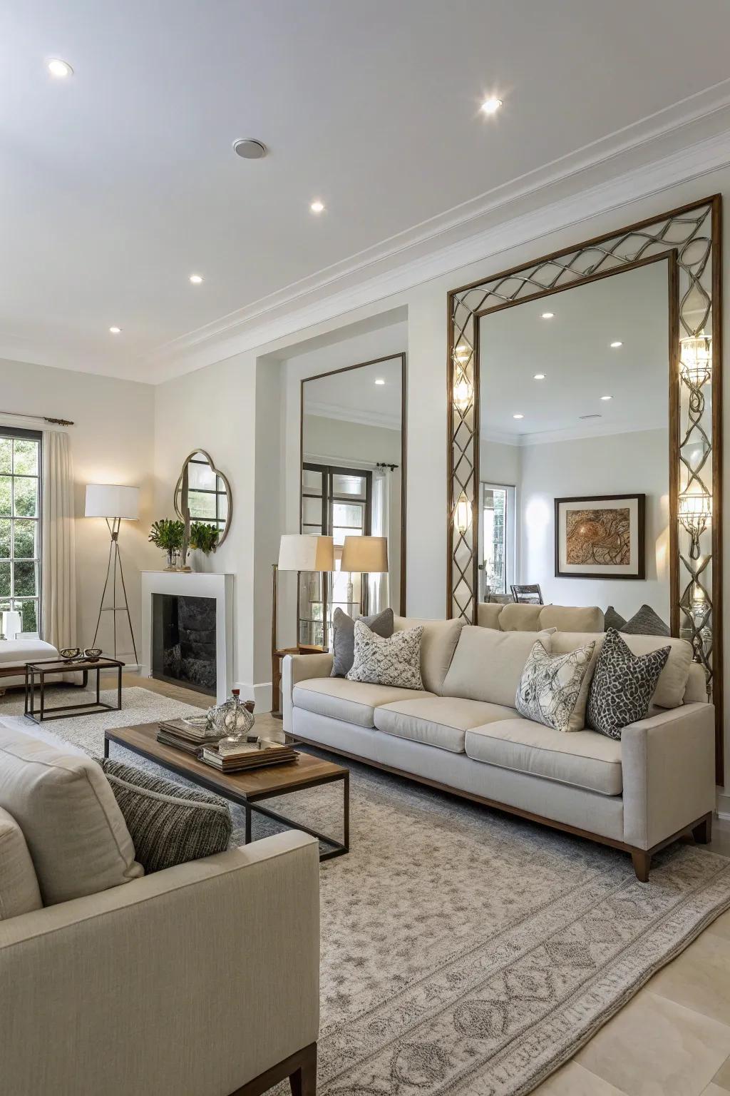 A living room with mirrors that amplify light and create space.