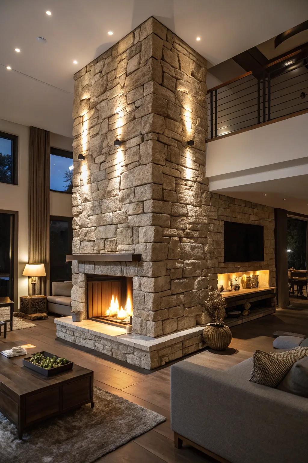 Sensational lighting brings out the novel surfaces of your stone chimney.