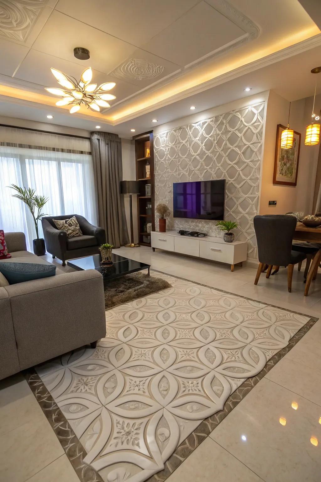 Contemporary family room showcasing striking dimensional tiling.