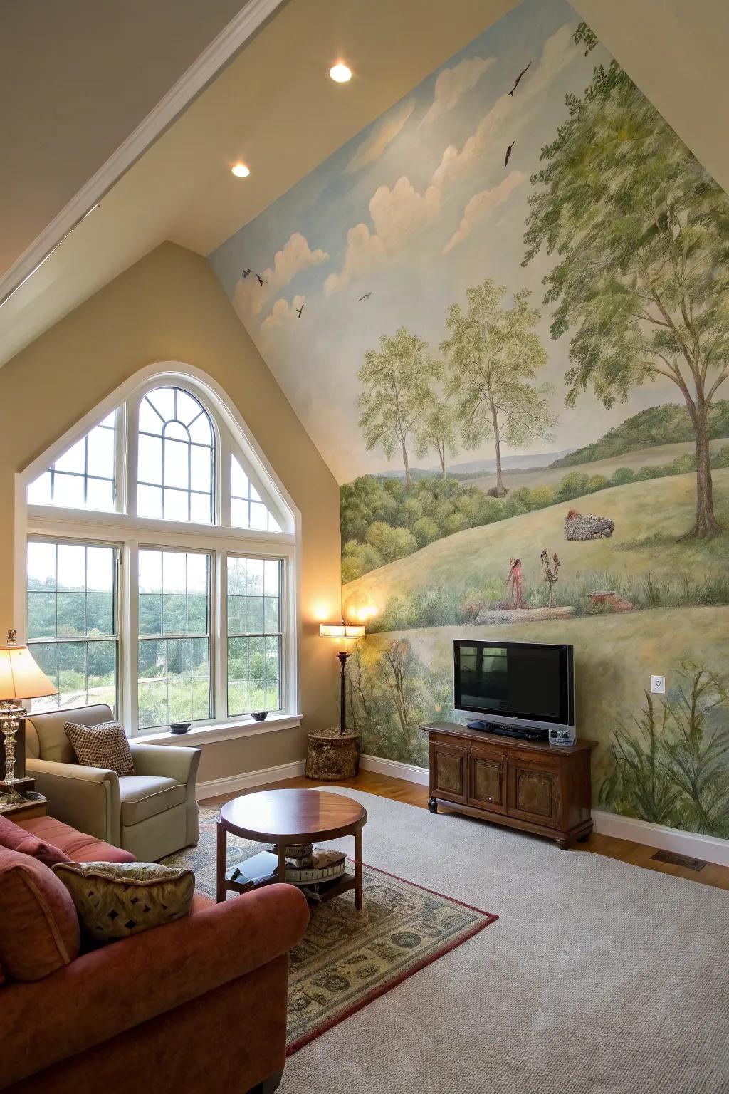 Wall murals create impactful visual interest in a vaulted ceiling room.
