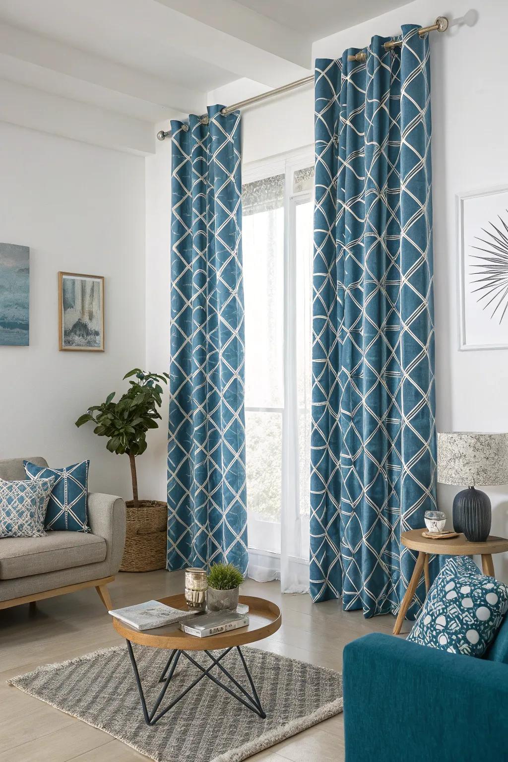 Geometric patterns on sky-tinted drapes add a contemporary twist and enhance visual intrigue in this contemporary living room.