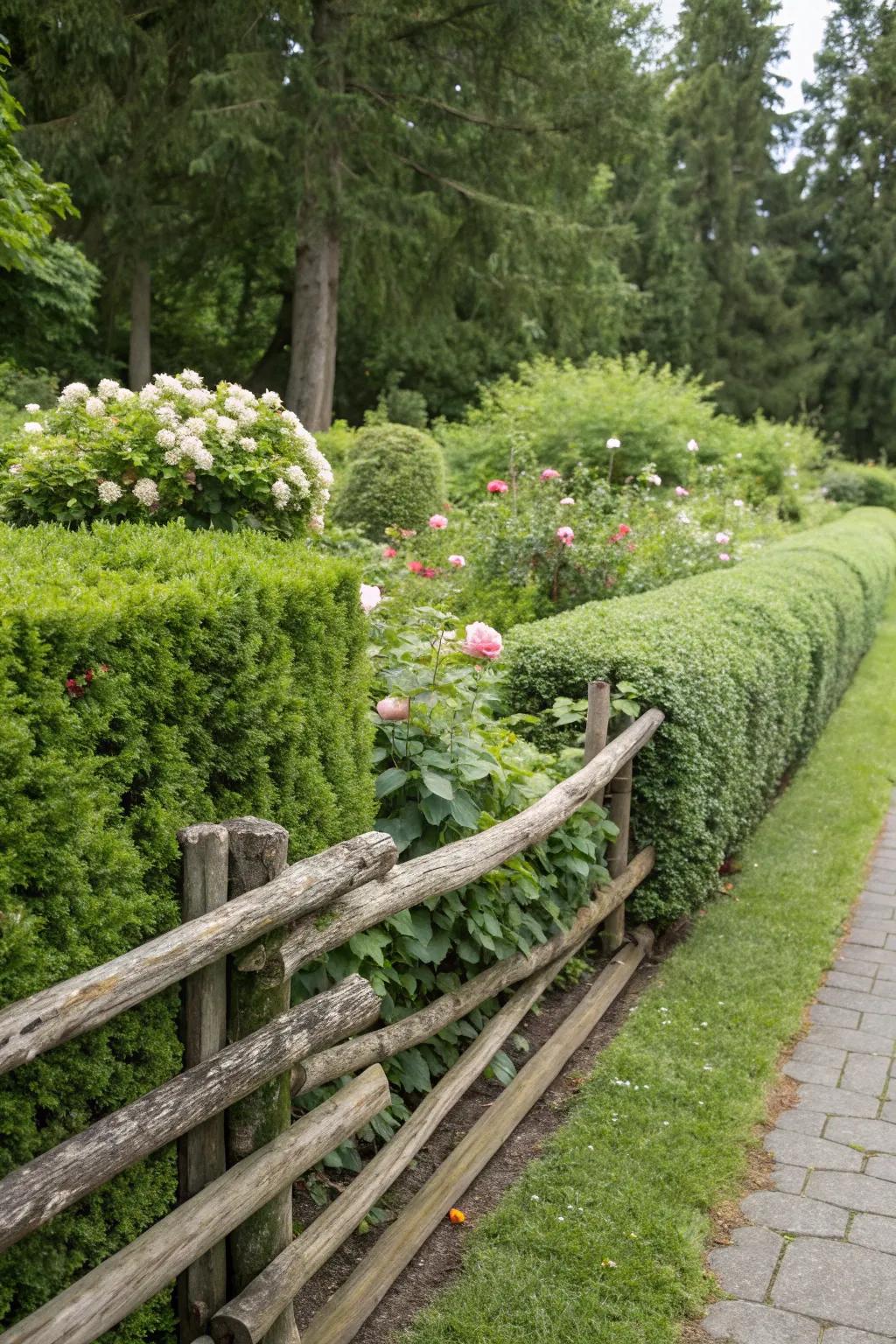 Blend greenery with wood for a beautiful living fence.