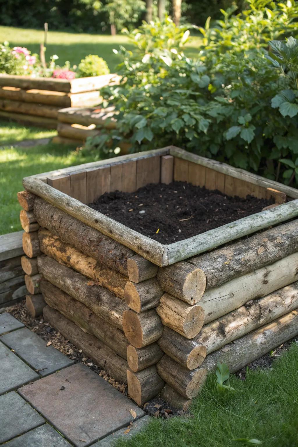 Craft your garden's eco-friendly masterpiece with a log compost bin that merges functionality and rustic charm.