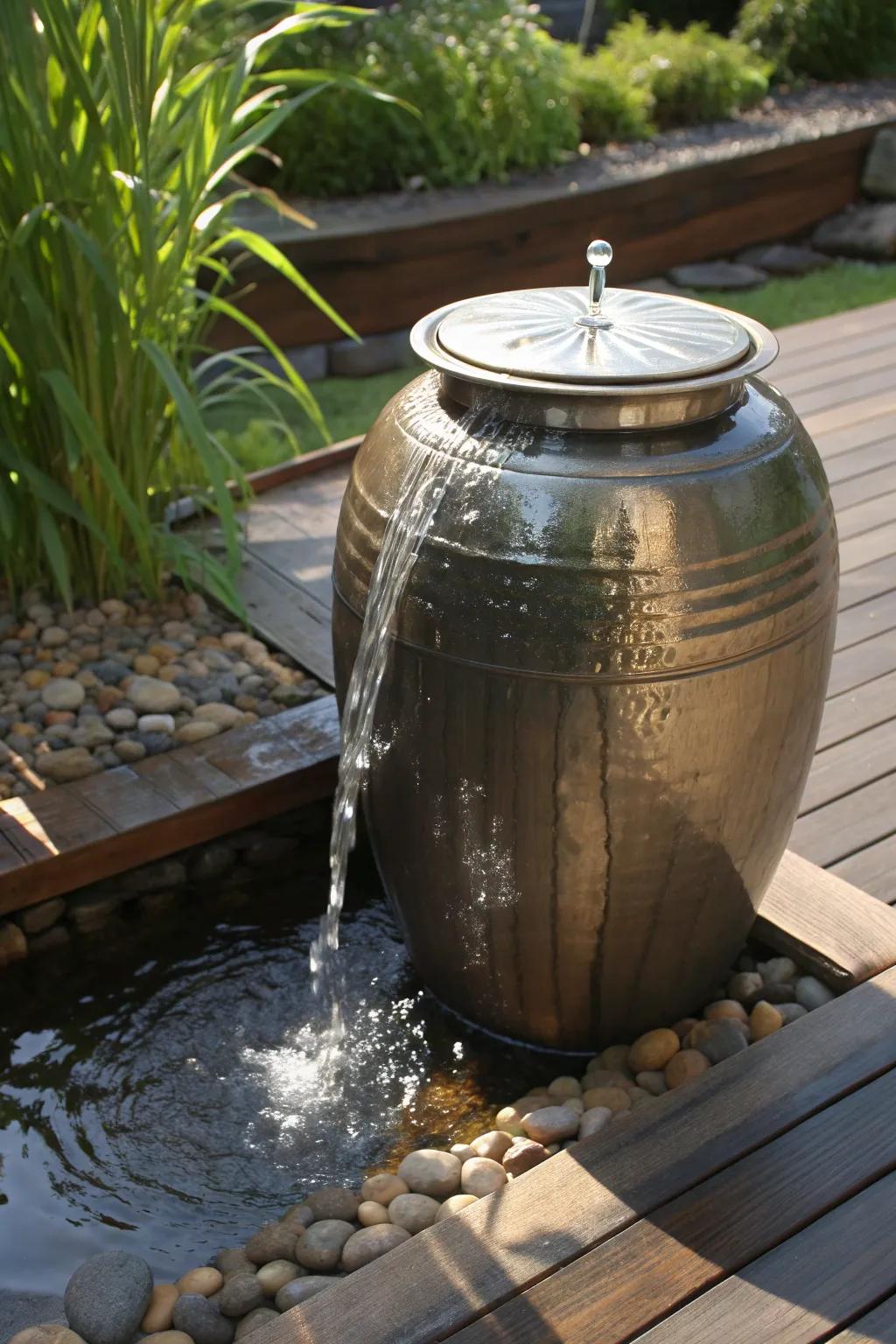 Transform your patio with this handcrafted repurposed container fountain, where tranquility meets craftsmanship.