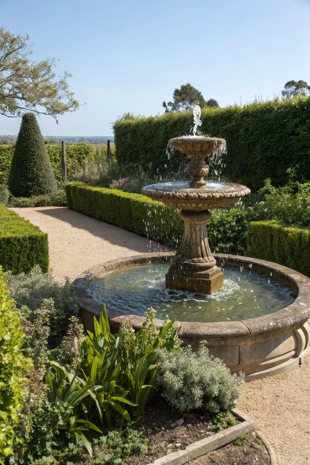 A small fountain adds tranquility and attracts wildlife.