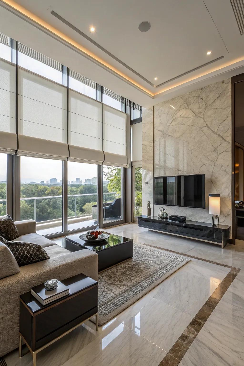 Thoughtful design camouflages tech in this upscale living room.
