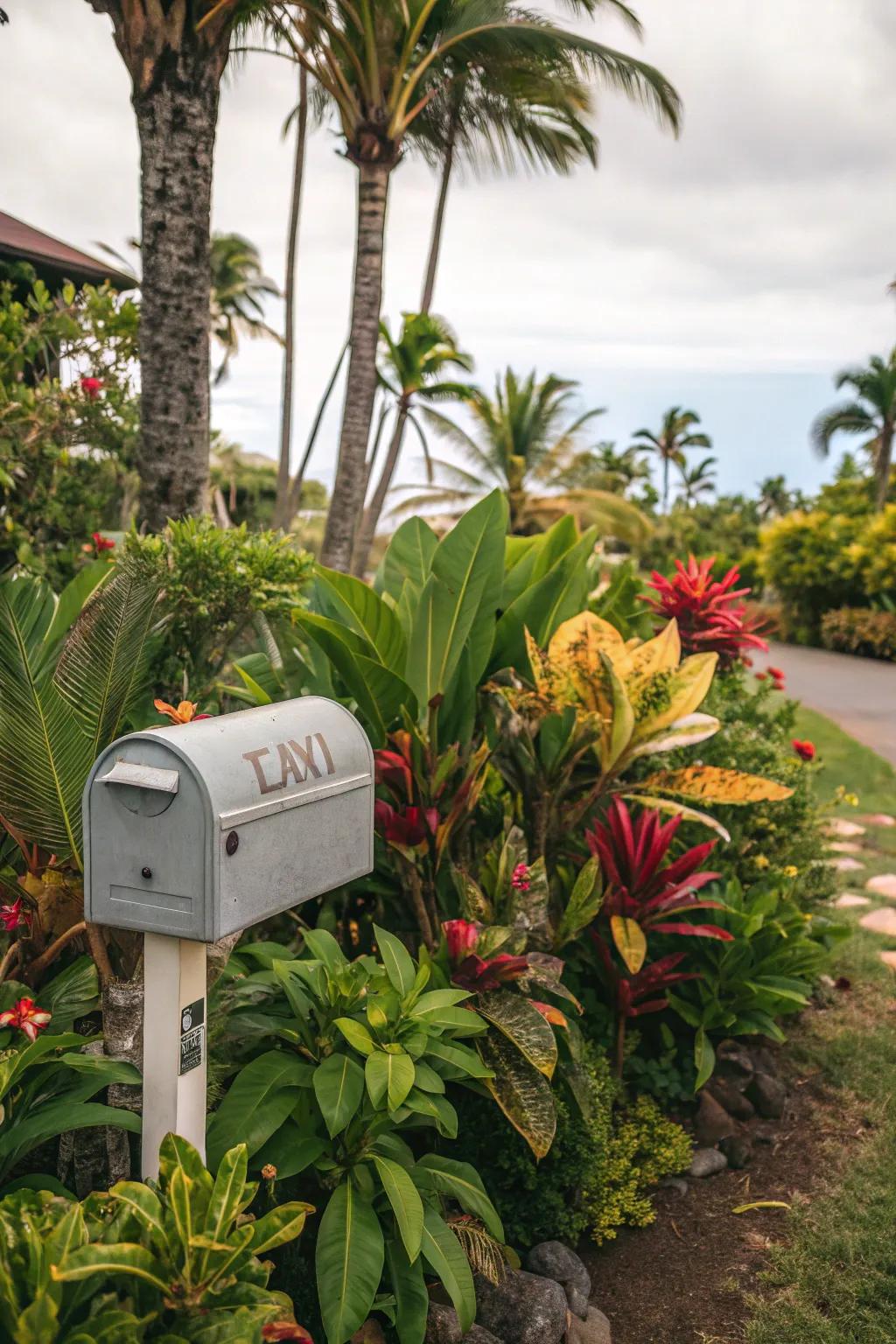 Rainforest plants introduce an exotic flair and bold presentation to your mailbox setting.