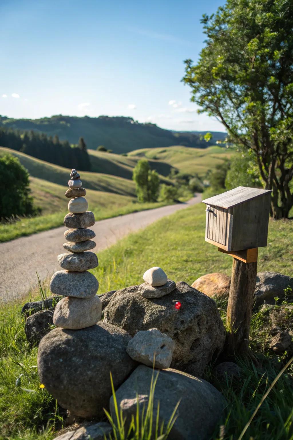 Zen boulder sanctuaries instill tranquility into your mailbox's vista.