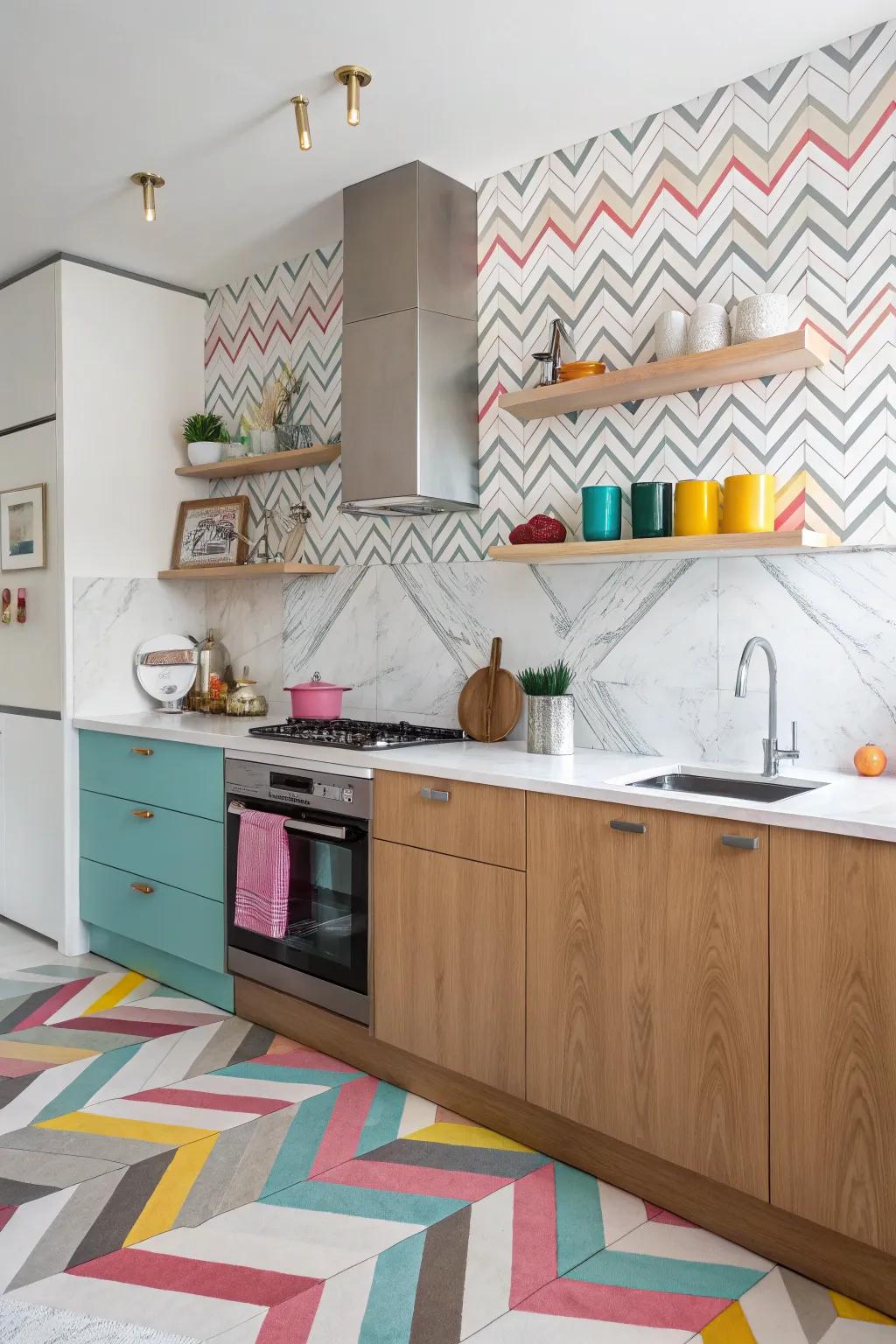 An energetic kitchen with a playful angular-patterned stone backsplash.