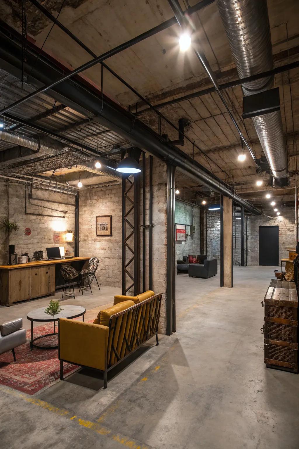 Industrial elements append rugged charm to the den.