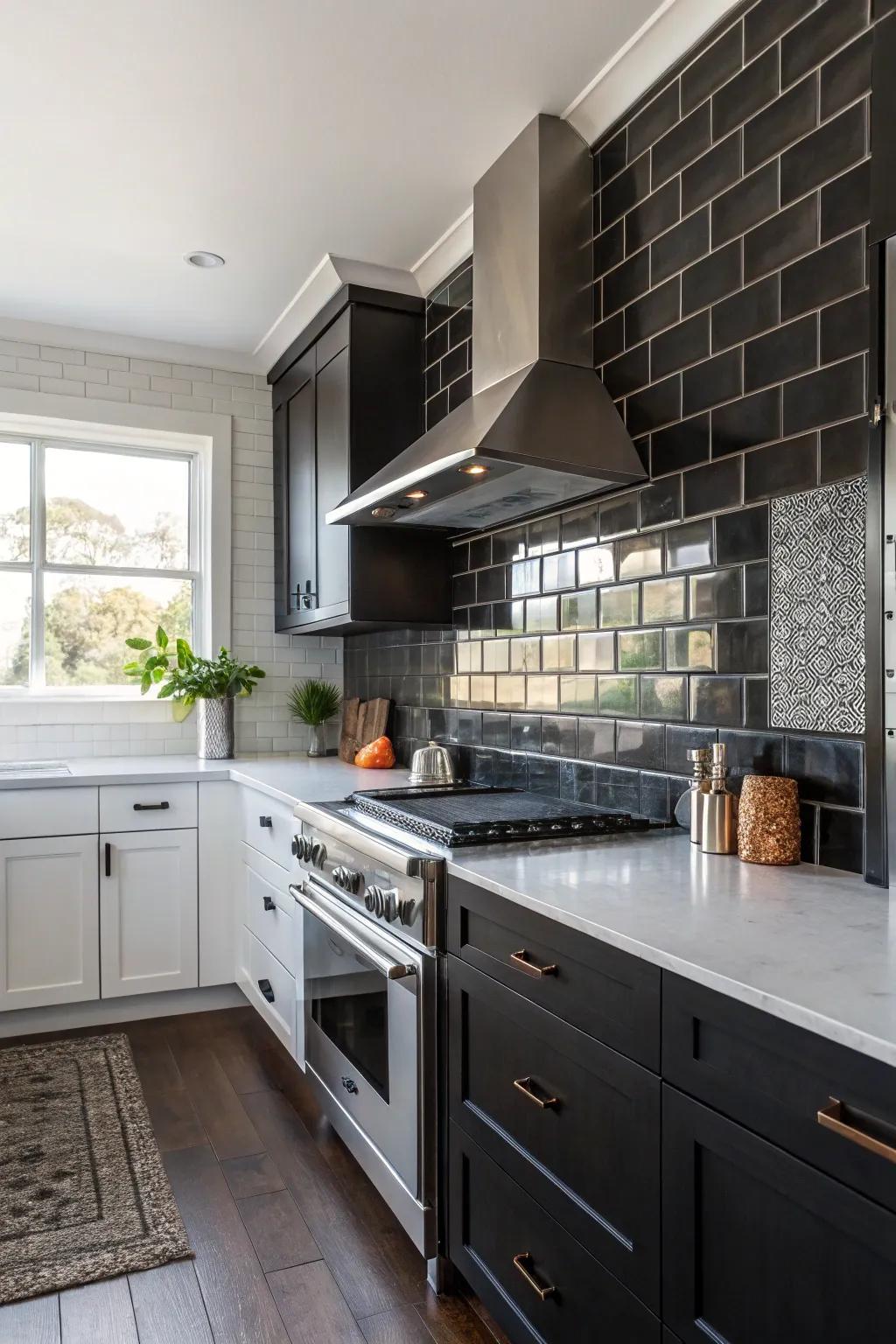 A kitchen featuring a blackened steel tile backsplash for dramatic impact.