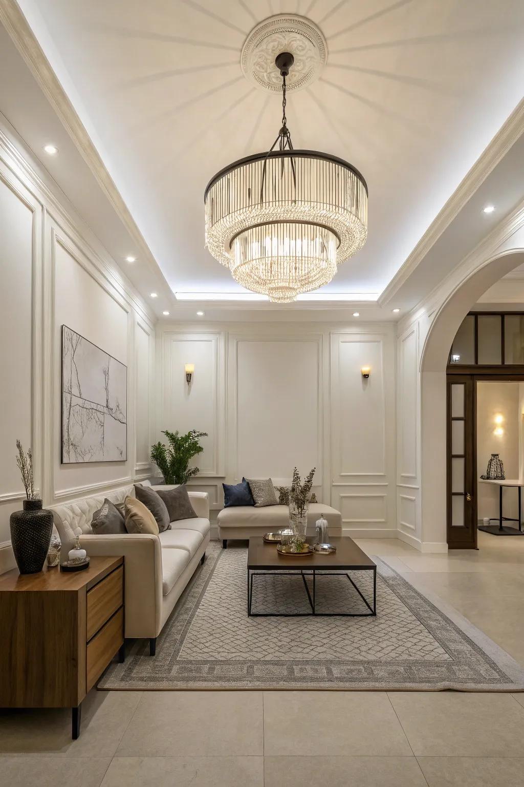 Artistic lighting serves as utilitarian décor in minimalist living areas.