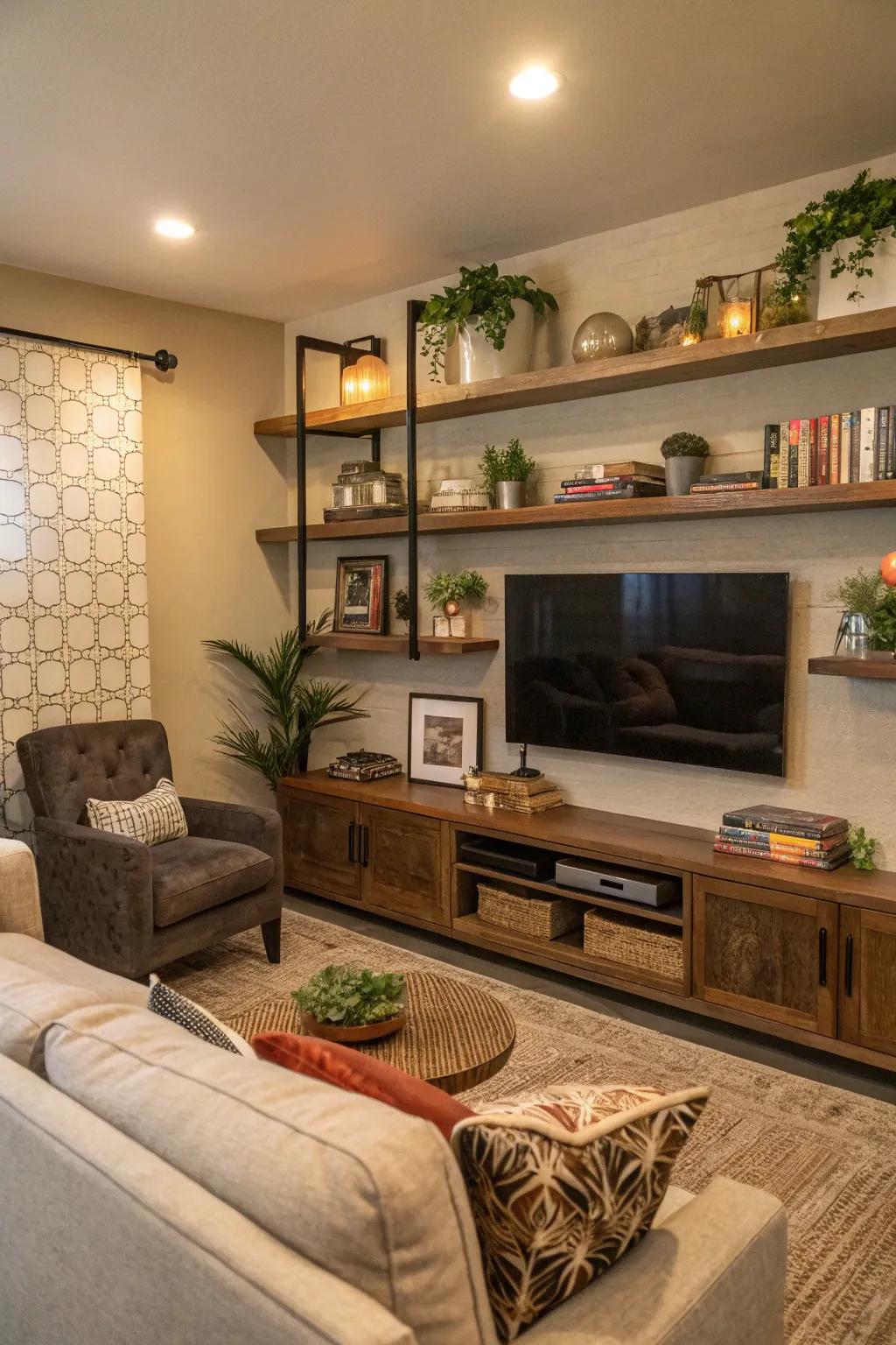 Floating shelves create a functional and stylish TV wall.