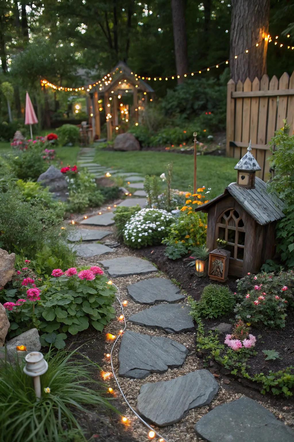 Whimsy abounds in a fairy garden with black rock paths.
