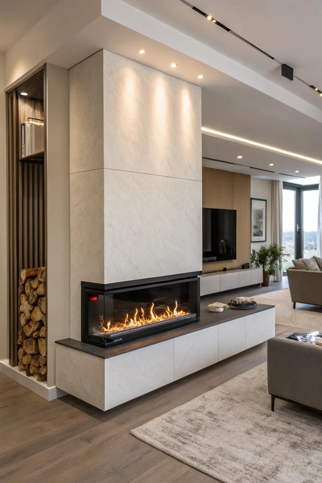 A sculptural electric fireplace serves as both art and a source of warmth in a modern environment.
