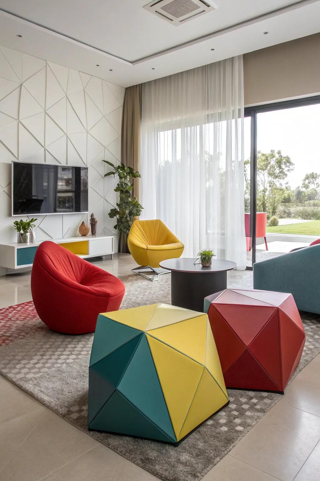 Geometric furniture that adds a playful element to a modern family room.