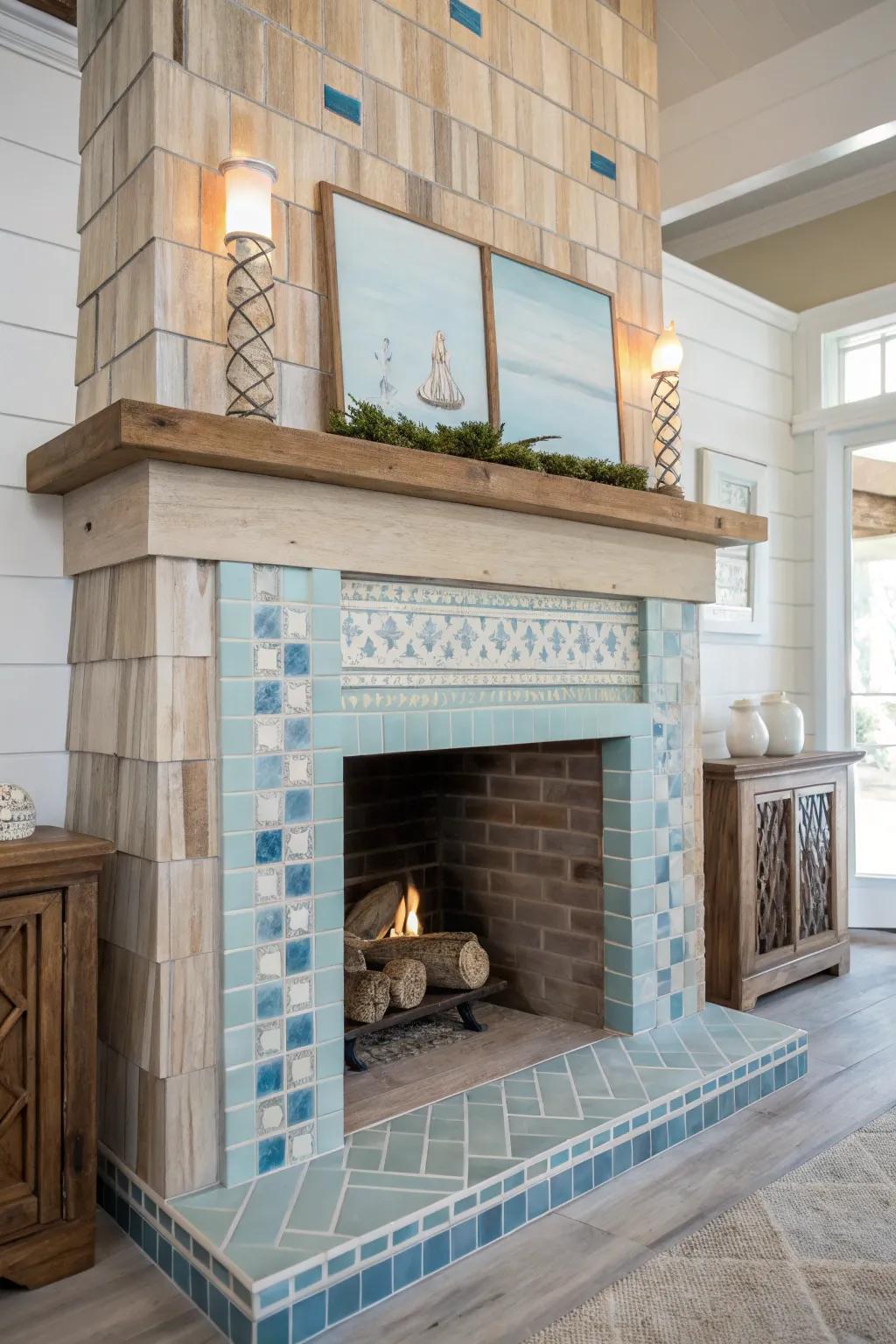 A coastal chic fireplace employing blue and neutral tiles.