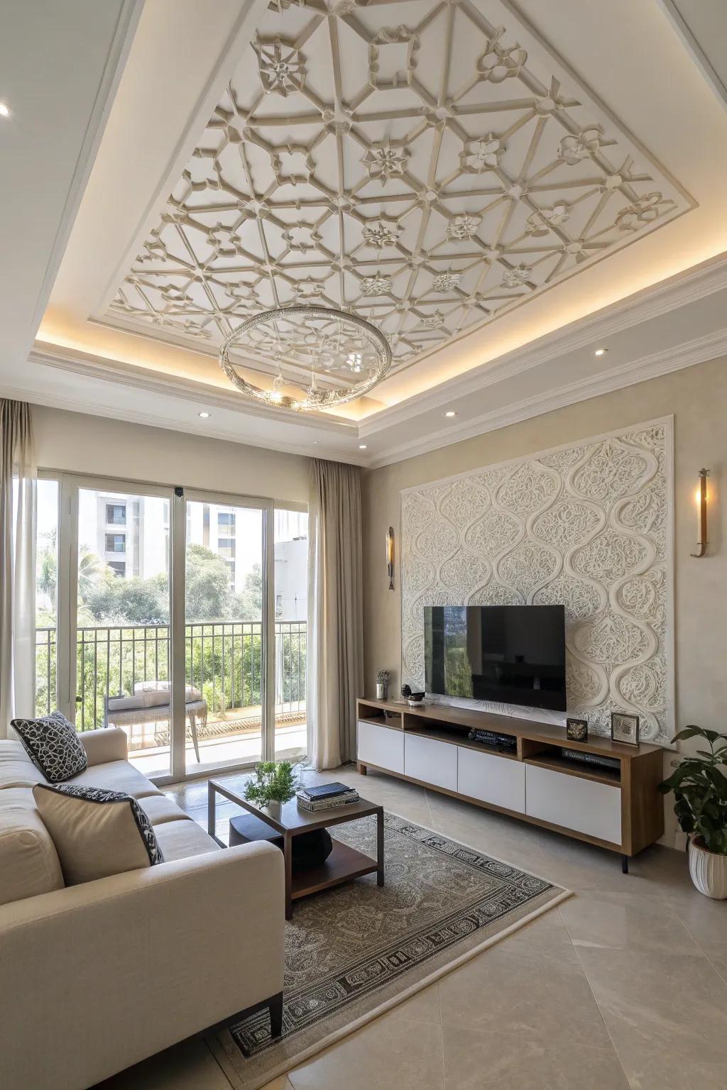 A statement ceiling balances the room’s focus.