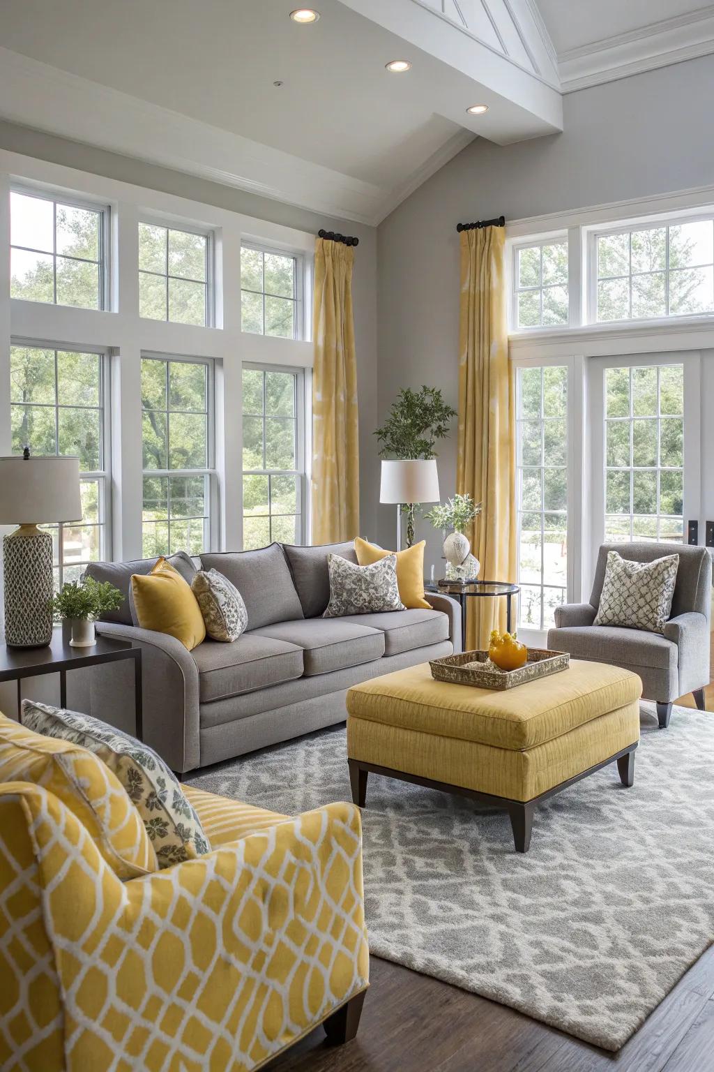 Gray and gold establish an updated and inviting ambiance in this well-balanced living space.
